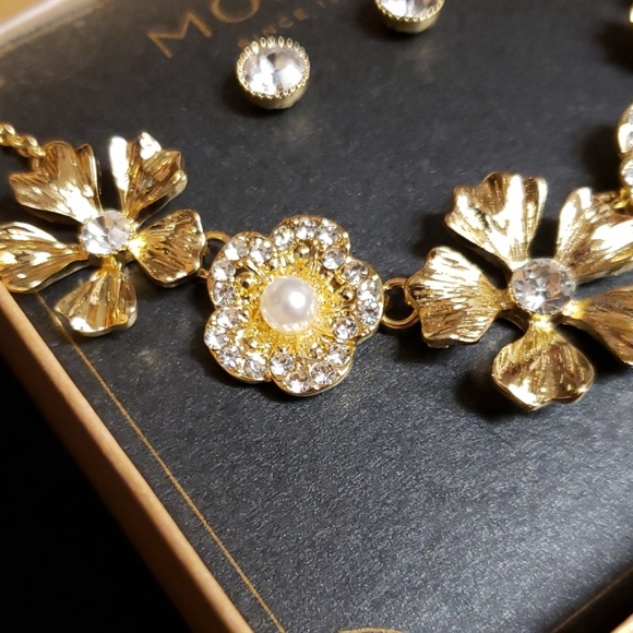 Monet flower necklace earring set cz, pearl, gold Art deco modern unique - Picture 3 of 8